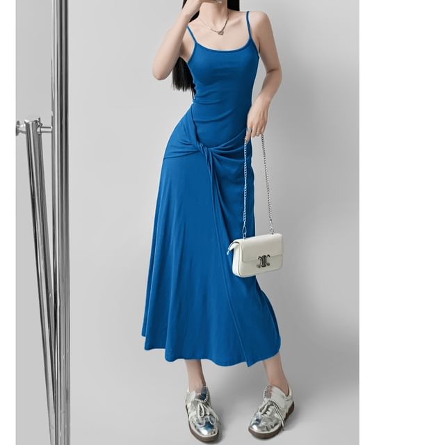 Spaghetti Strap Scoop Neck Plain Tie Waist Midi A-Line Dress