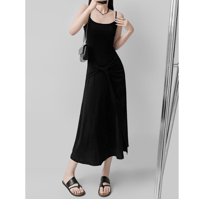 Spaghetti Strap Scoop Neck Plain Tie Waist Midi A-Line Dress