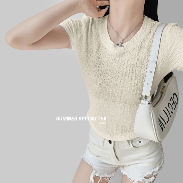 Round Neck Lace Trim Short Sleeve Top