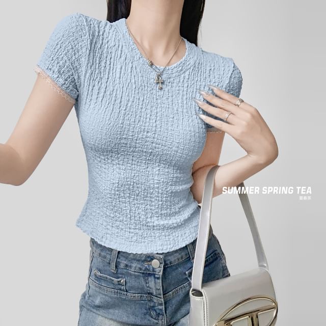 Round Neck Lace Trim Short Sleeve Top