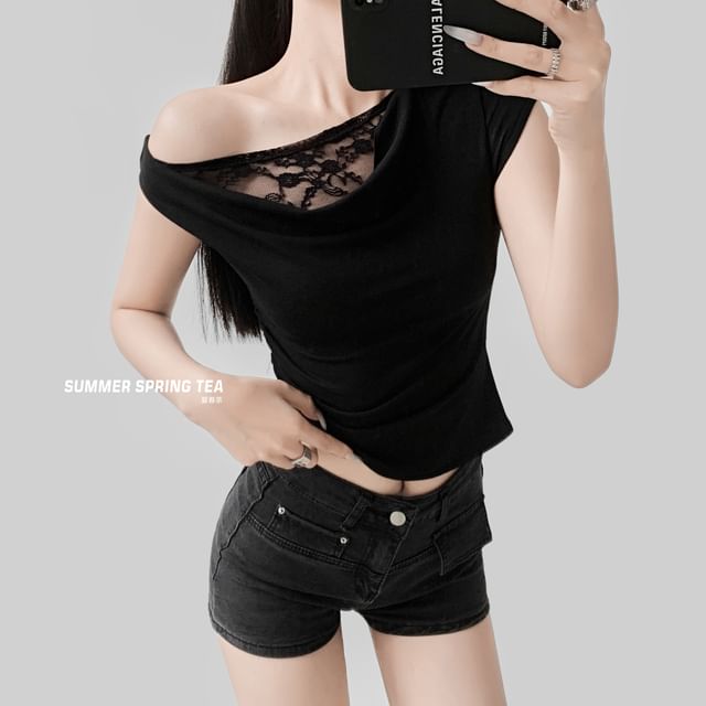 Off Shoulder Lace Panel Short Sleeve Crop Tee