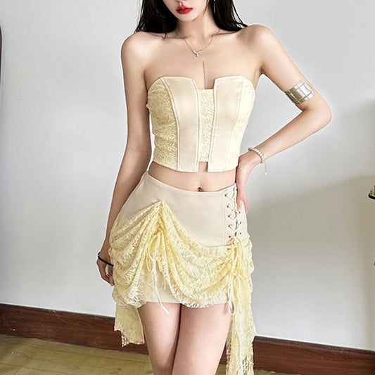 Lace Panel Tube Top and Mini Pencil Skirt Set
