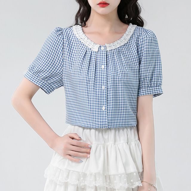 Crewneck Lace Trim Plaid Blouse