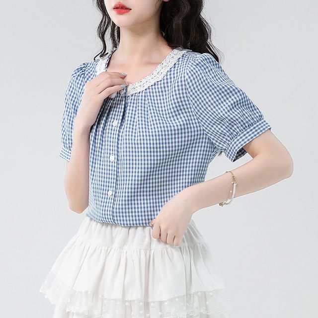 Crewneck Lace Trim Plaid Blouse