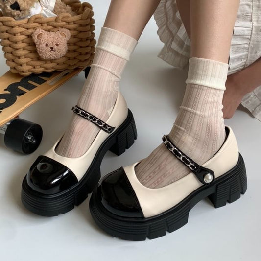 Platform Chunky Heel Two-Tone Mary Jane Shoes