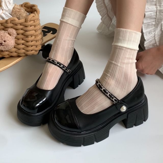 Platform Chunky Heel Two-Tone Mary Jane Shoes