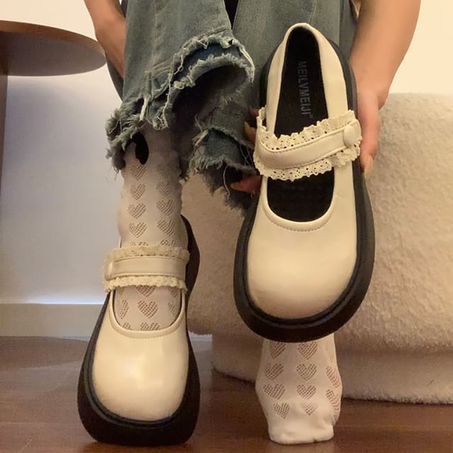 Platform Chunky Heel Lace Ruffle Mary Jane Shoes
