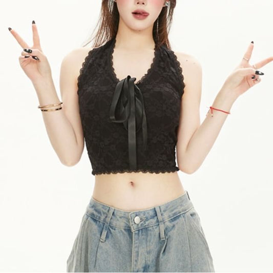 Halter V-Neck Padded Tie Front Lace Crop