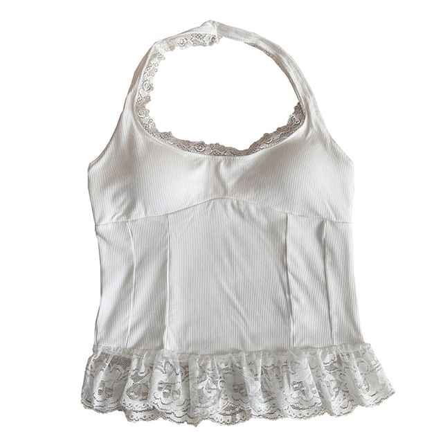 Halter Neck Lace Panel Padded Open Back Crop