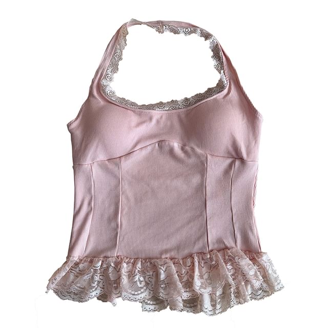 Halter Neck Lace Panel Padded Open Back Crop