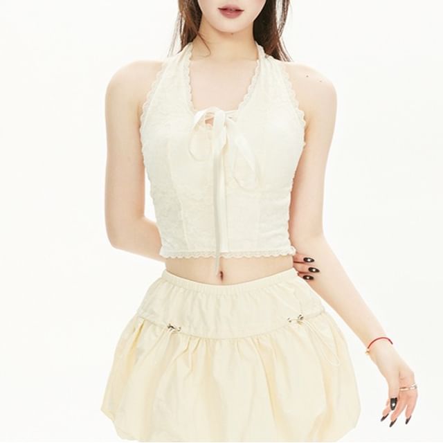 Halter V-Neck Padded Tie Front Lace Crop