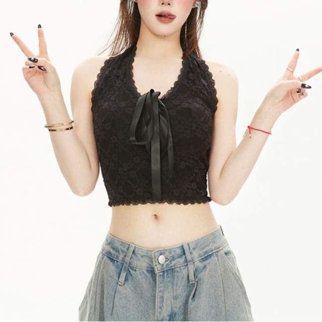 Halter V-Neck Padded Tie Front Lace Crop