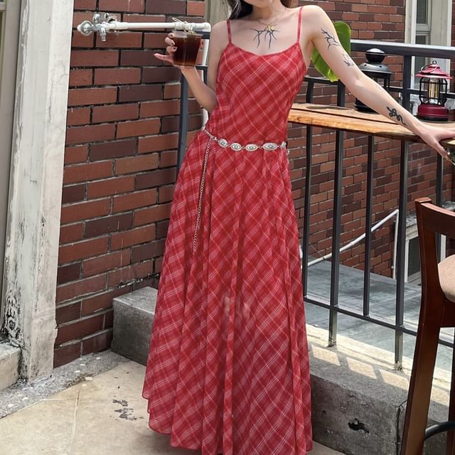 Spaghetti Strap V-Neck Plaid Maxi A-Line Dress