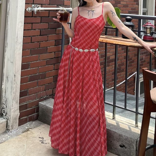 Spaghetti Strap V-Neck Plaid Maxi A-Line Dress