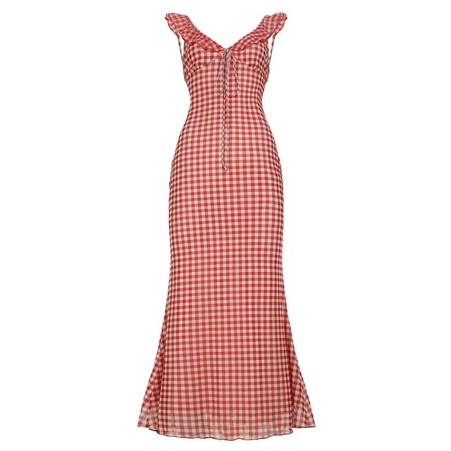 Spaghetti Strap V-Neck Plaid Maxi A-Line Dress