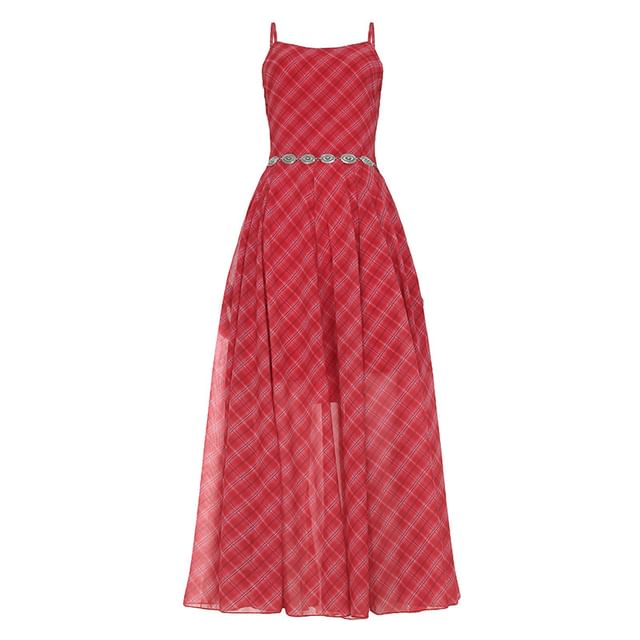 Spaghetti Strap V-Neck Plaid Maxi A-Line Dress
