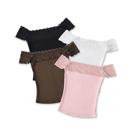 Off-Shoulder Lace Trim Short Sleeve T-Shirt