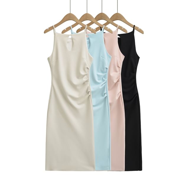 Spaghetti Strap Plain Ruched Midi Sheath Dress