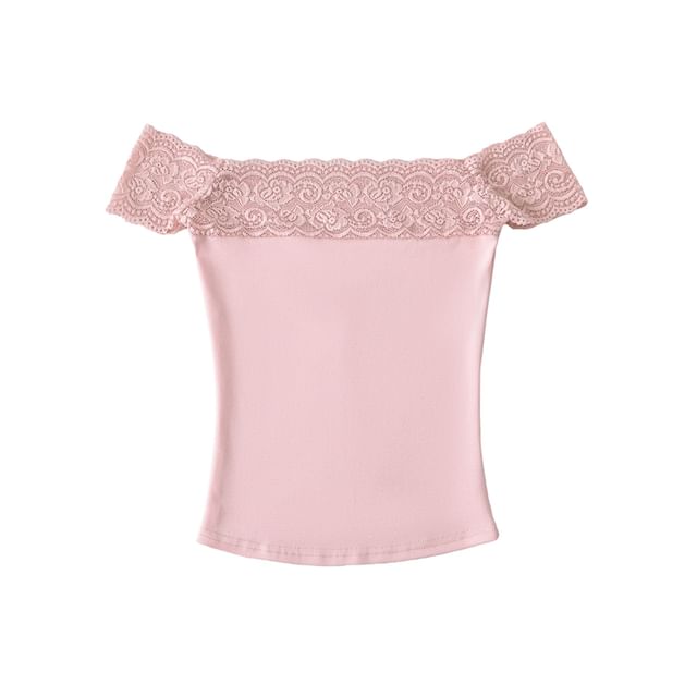 Off-Shoulder Lace Trim Short Sleeve T-Shirt