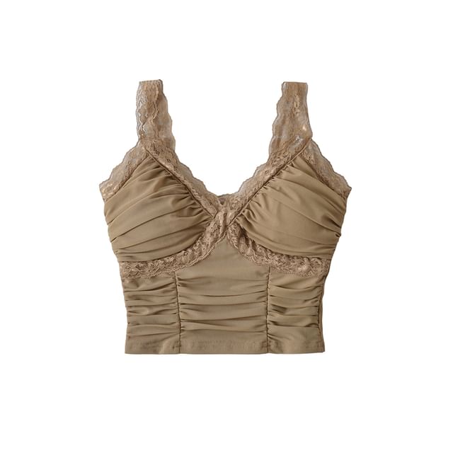 Ruched Lace Trim V-Neck Cropped Cami