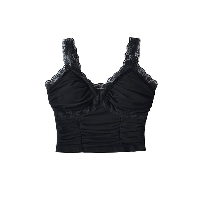 Ruched Lace Trim V-Neck Cropped Cami