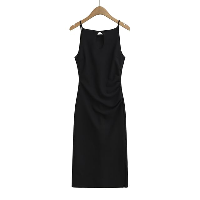 Spaghetti Strap Plain Ruched Midi Sheath Dress