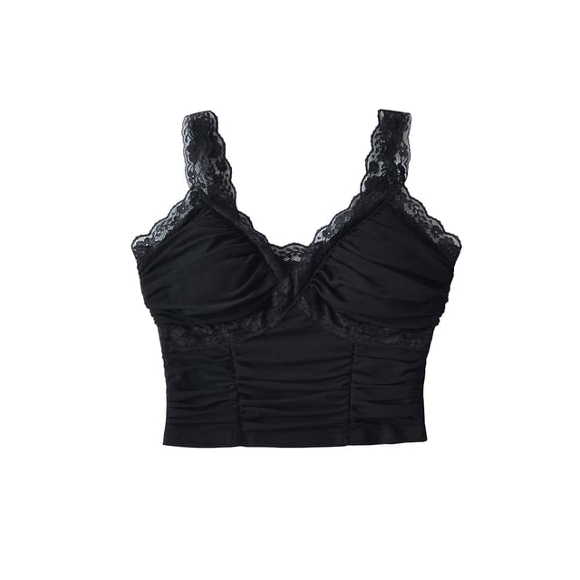 Ruched Lace Trim Padded Crop Tank