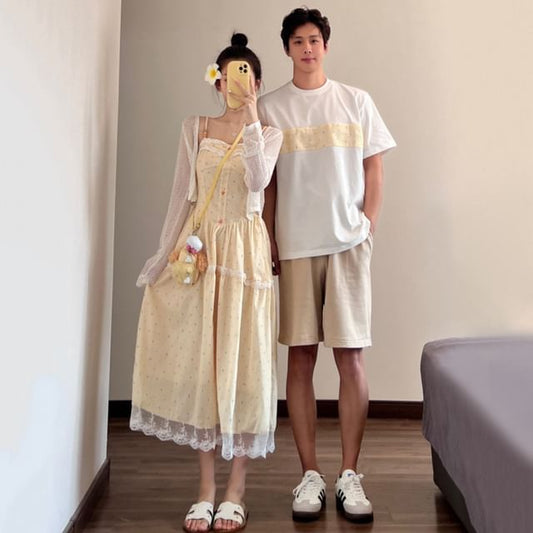 Couple Matching Lace Panel Midi Dress / Perforated Crop Cardigan / Crew Neck T-Shirt / Drawstring Shorts Set