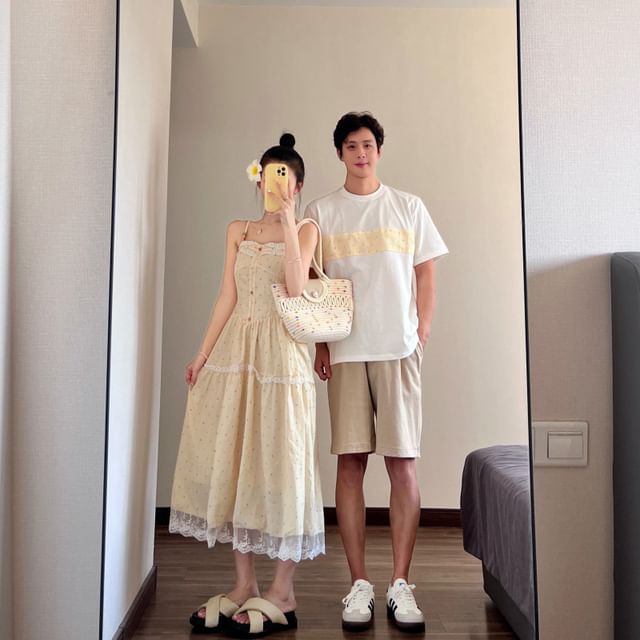 Couple Matching Lace Panel Midi Dress / Perforated Crop Cardigan / Crew Neck T-Shirt / Drawstring Shorts Set