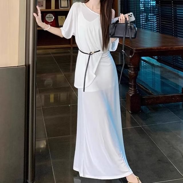 Elbow-Sleeve Off-Shoulder Plain Asymmetrical Sheer Tee / Spaghetti Strap V-Neck Maxi A-Line Dress / Belt / Set