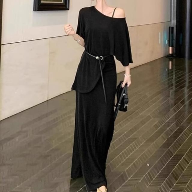 Elbow-Sleeve Off-Shoulder Plain Asymmetrical Sheer Tee / Spaghetti Strap V-Neck Maxi A-Line Dress / Belt / Set