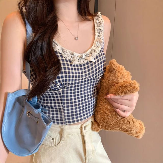 Lace Trim Plaid Cropped Camisole