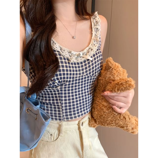 Lace Trim Plaid Cropped Camisole