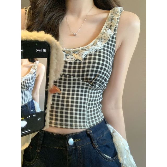 Lace Trim Plaid Cropped Camisole