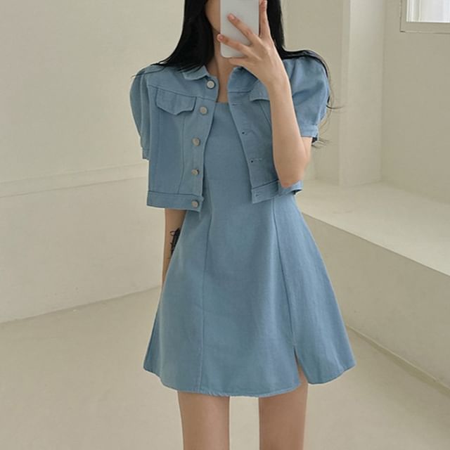 Spaghetti Strap Plain Slit Mini A-Line Dress / Short-Sleeve Collared Button-Up Crop Jacket