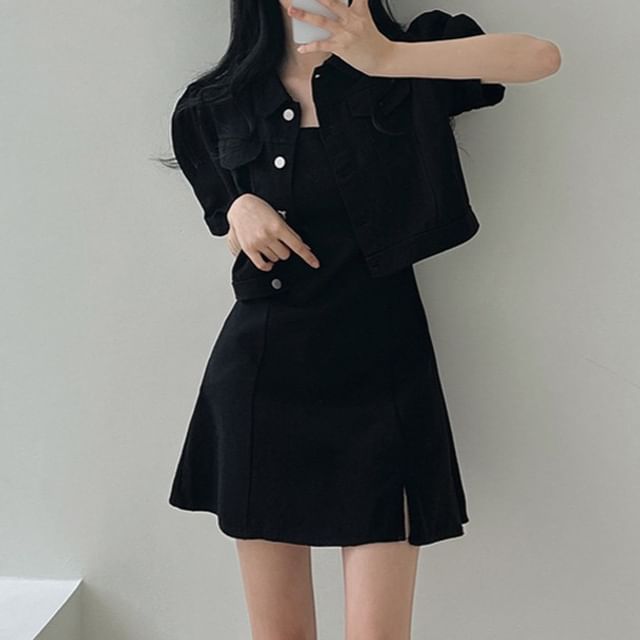 Spaghetti Strap Plain Slit Mini A-Line Dress / Short-Sleeve Collared Button-Up Crop Jacket