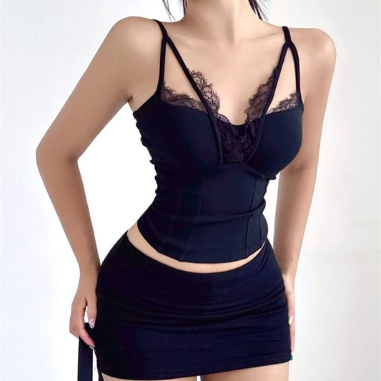 V-Neck Lace Trim Spaghetti Strap Crop Cami
