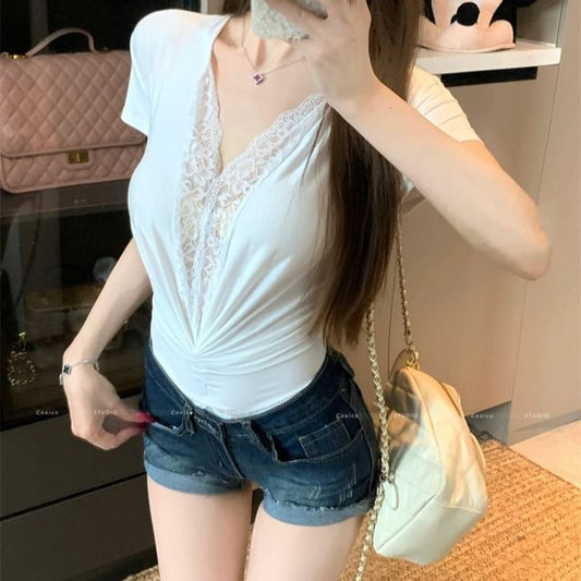 V-Neck Lace Panel Ruched Bodysuit Top