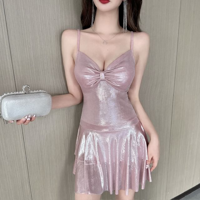 Spaghetti Strap V-Neck Metallic Ruched Open Back Mini A-Line Dress
