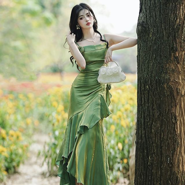 Spaghetti Strap Asymmetrical Plain Maxi A-Line Dress