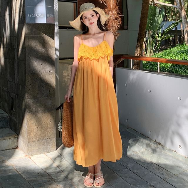 Spaghetti Strap Plain Lace Trim Maxi Sundress