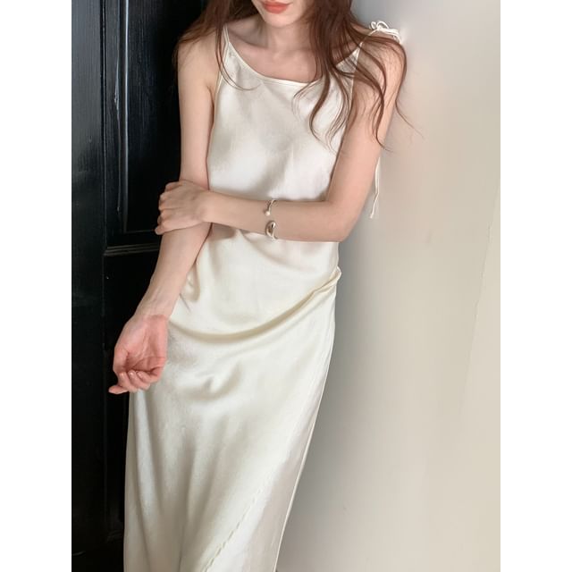 Spaghetti Strap Scoop Neck Plain Asymmetrical Tie Waist Slit Maxi A-Line Dress