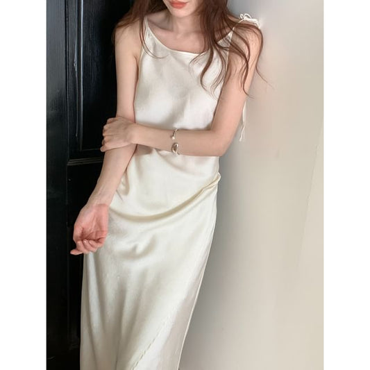 Spaghetti Strap Scoop Neck Plain Asymmetrical Tie Waist Slit Maxi A-Line Dress