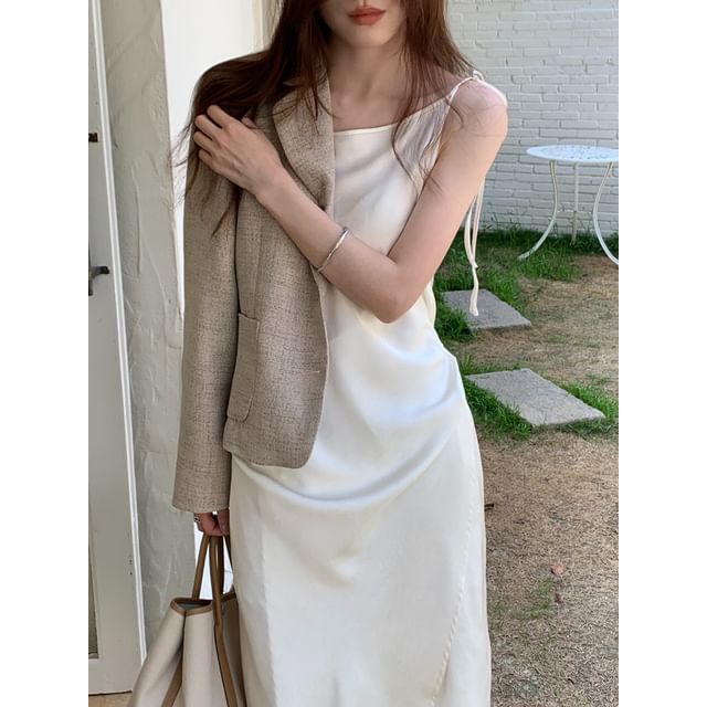 Spaghetti Strap Scoop Neck Plain Asymmetrical Tie Waist Slit Maxi A-Line Dress