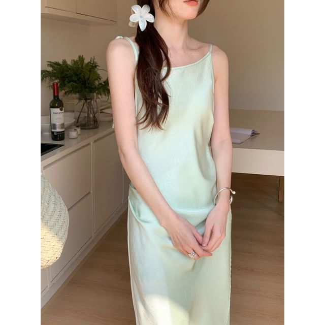 Spaghetti Strap Scoop Neck Plain Asymmetrical Tie Waist Slit Maxi A-Line Dress