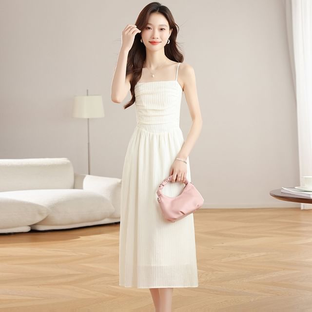 Spaghetti Strap Plain Ruched Midi A-Line Dress