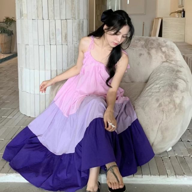 Tie-Shoulder Color Block Midi A-Line Dress