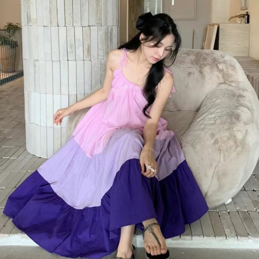 Tie-Shoulder Color Block Midi A-Line Dress