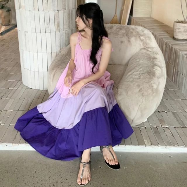 Tie-Shoulder Color Block Midi A-Line Dress