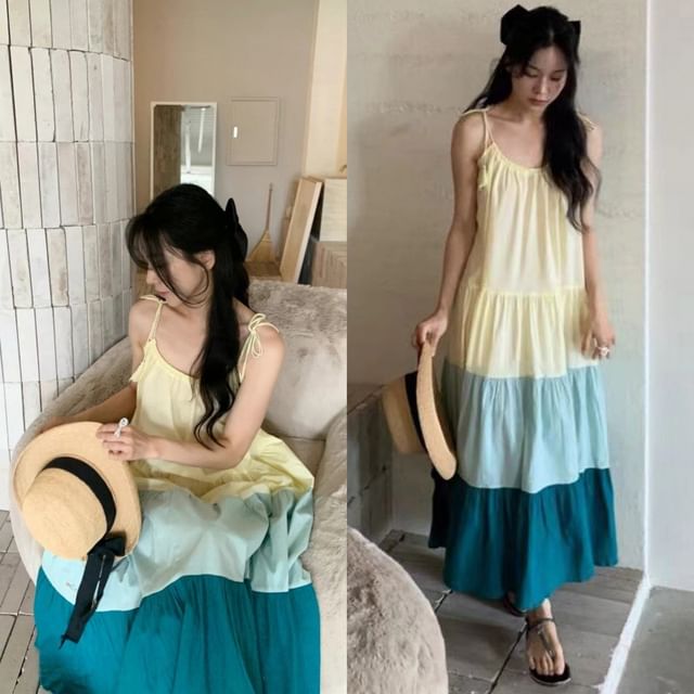 Tie-Shoulder Color Block Midi A-Line Dress
